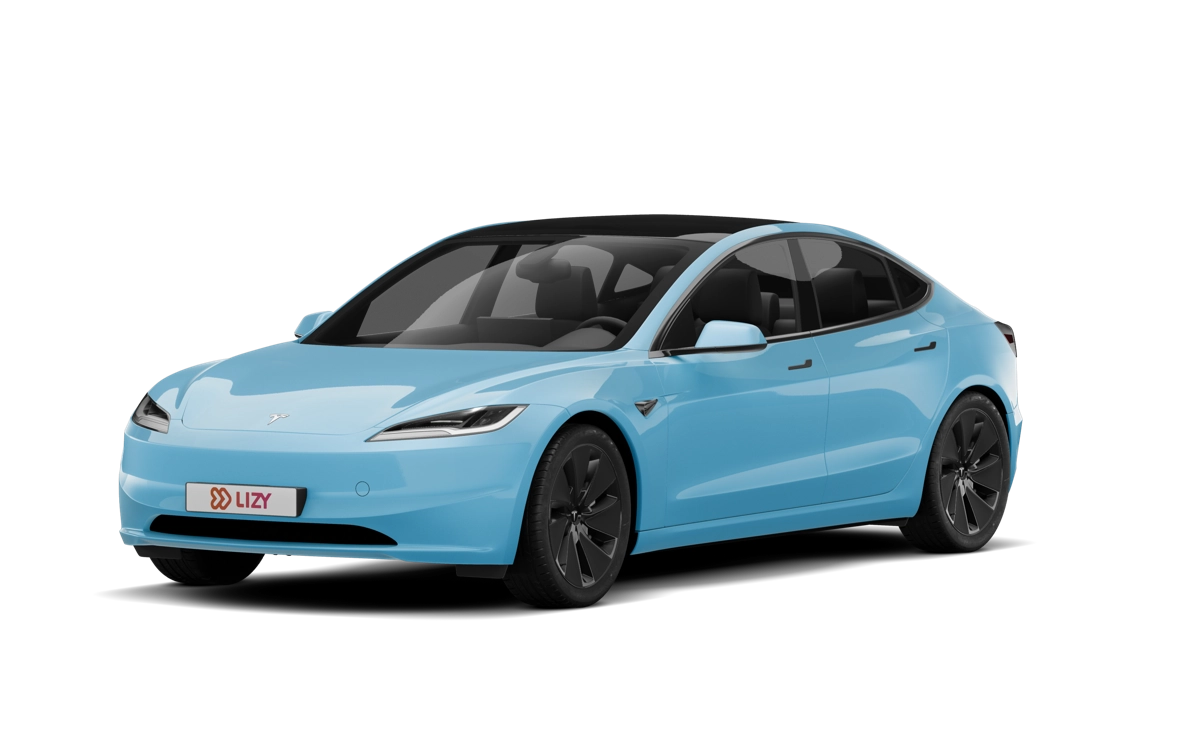 Tesla Model 3 Long Range in cyaanblauw, elektrische auto met 750 kilometer WLTP