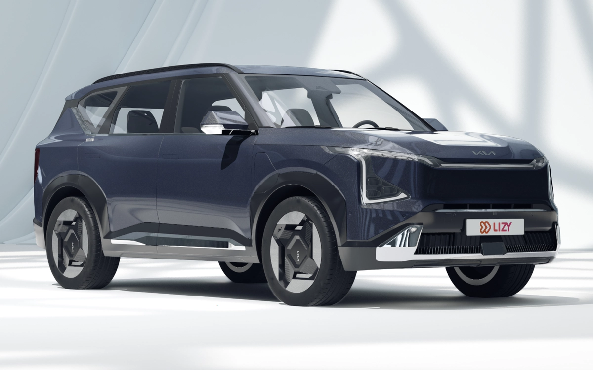 Kia EV5 in grijs, driekwart vooraanzicht