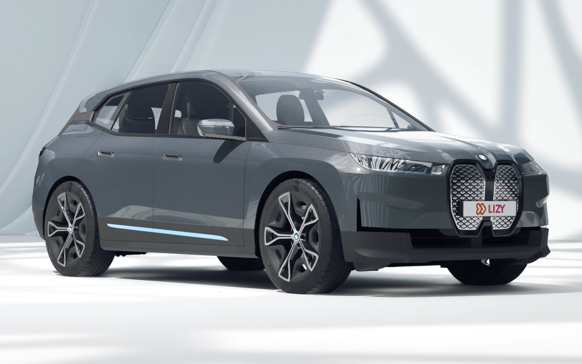 BMW iX in grijs, driekwart vooraanzicht