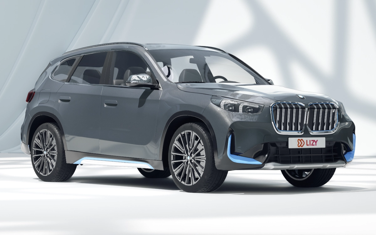 BMW iX1 in grijs, driekwart vooraanzicht