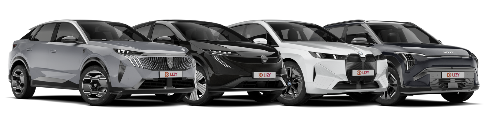 Vier zakelijke SUV's van LIZY naast elkaar, waaronder een Peugeot 3008, Nissan Ariya, BMW iX en Kia EV3