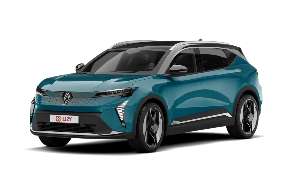 Turquoise Renault Scénic E-Tech met lage wegenbelasting