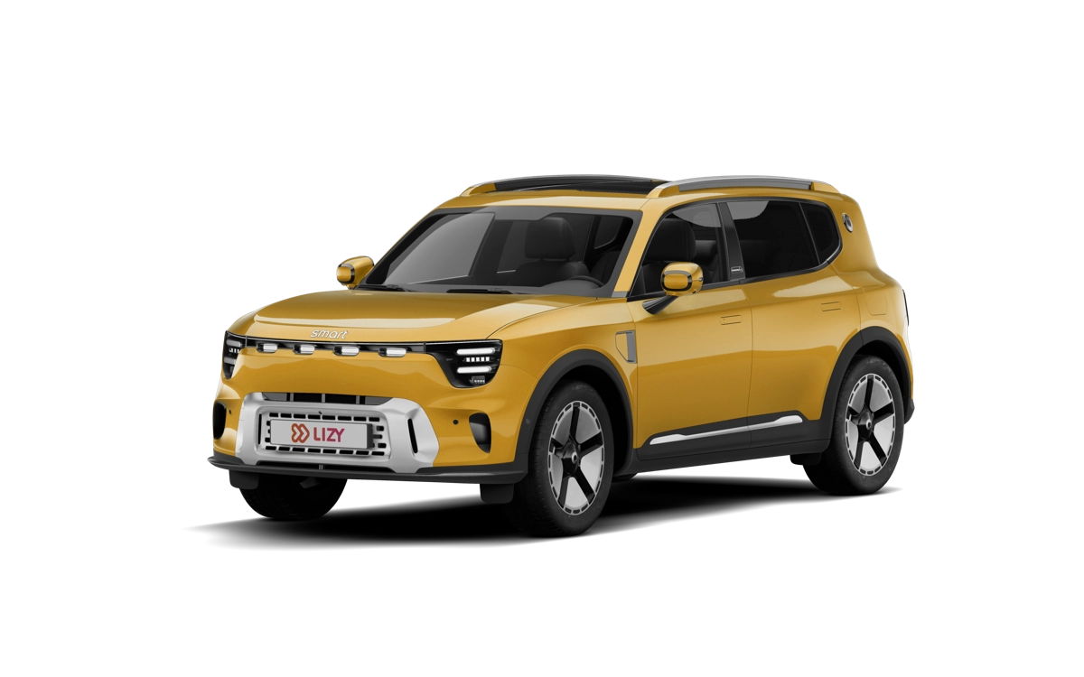Gele smart hashtag 5 als compacte elektrische auto met grote kofferbak