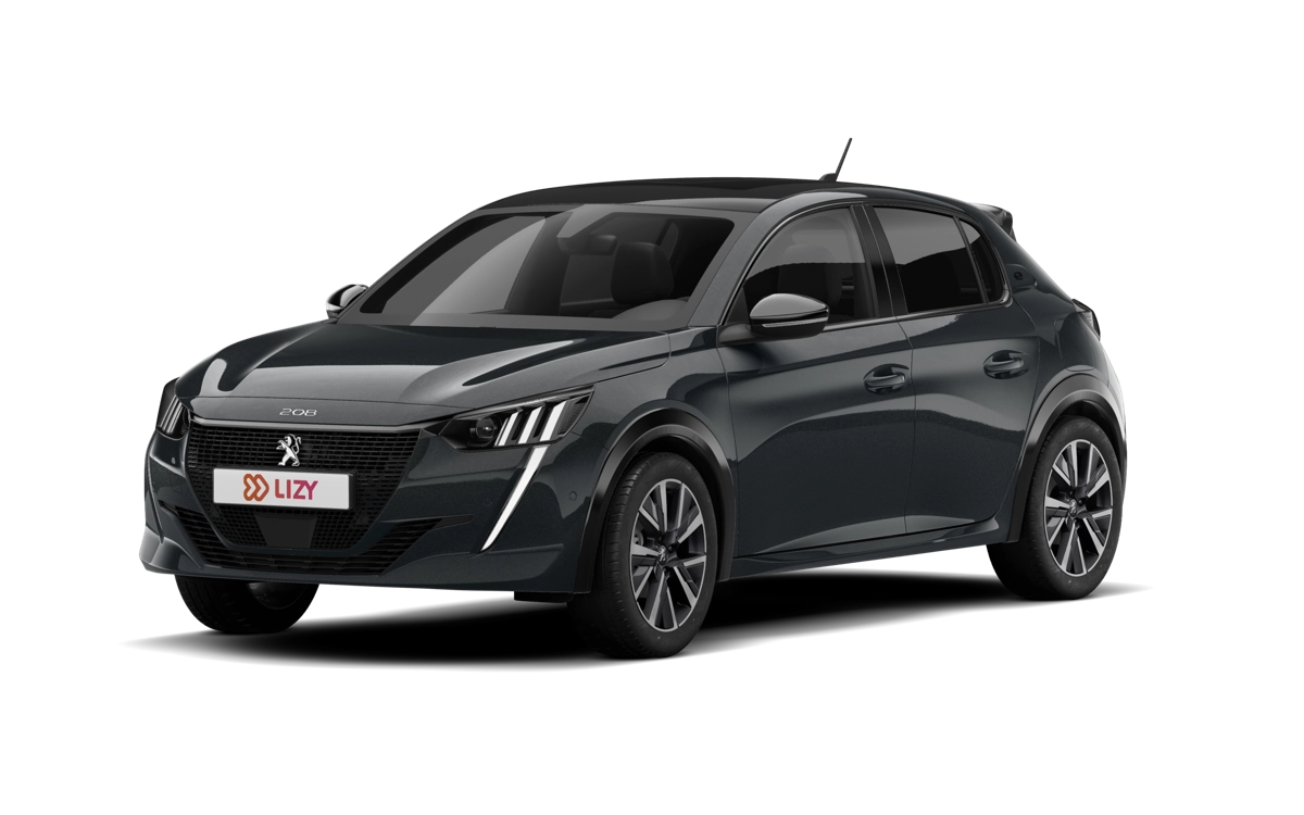 Donkergrijze Peugeot e-208 als compacte tweedehands elektrische auto