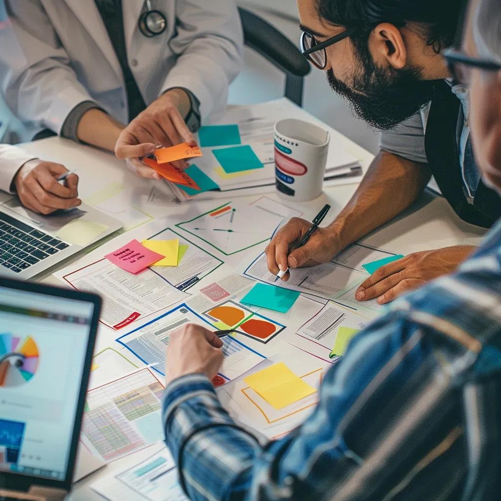 Healthcare marketers brainstorming content strategies for patient education in functional medicine