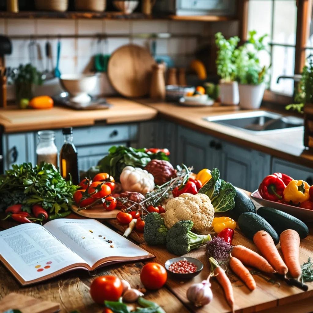 Healthy kitchen scene with gut-friendly foods and recipe book