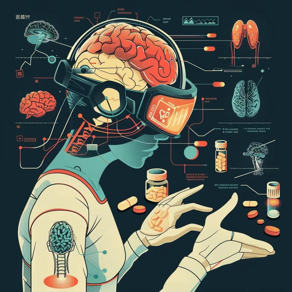 Individual using wearable technology for health tracking surrounded by biohacking tools and supplements