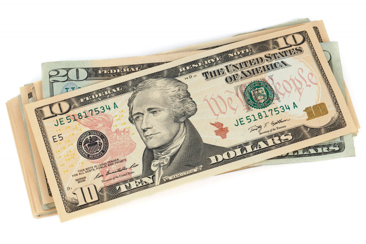 Stack of 10 dollar and 20 dollar bills