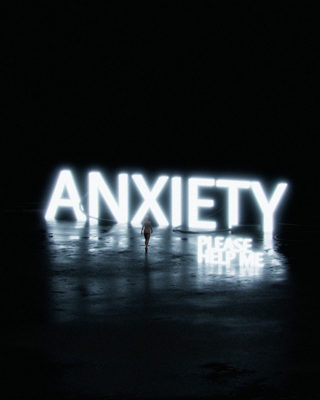 Neon lights that say Anxiety Please Help Me