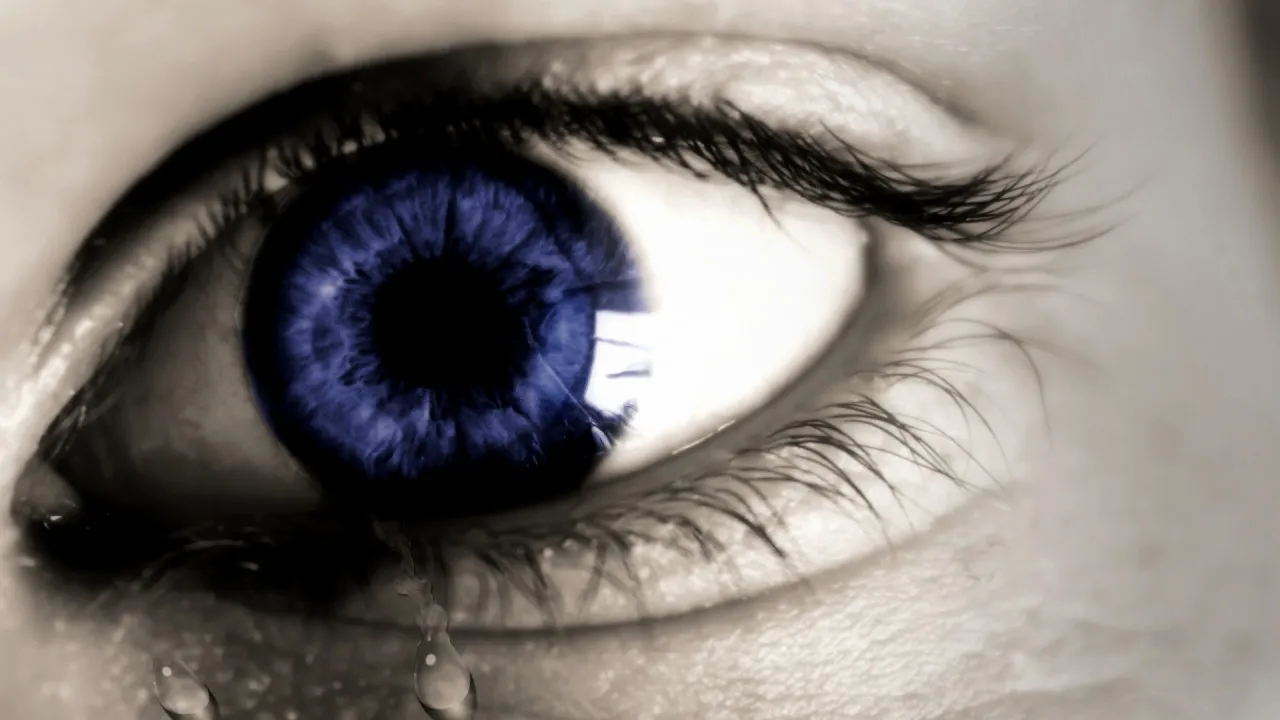 A blue eye crying a tear.