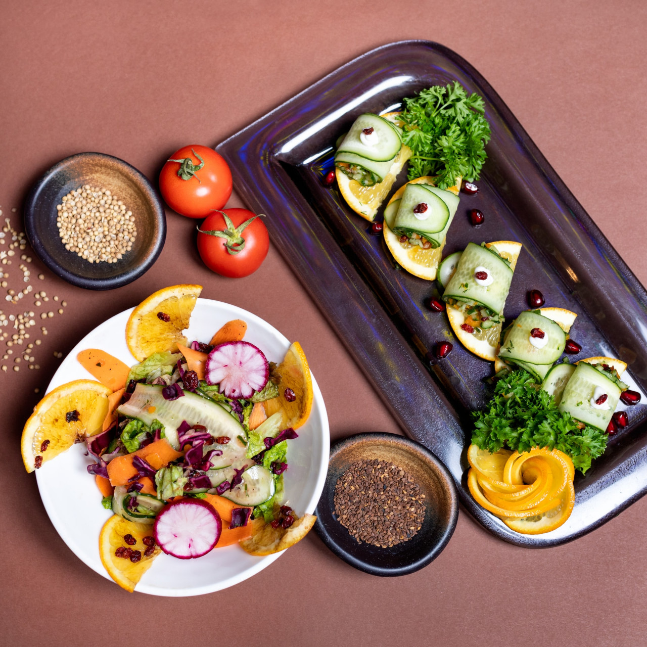 Fresh vegetables and fruits on different plates