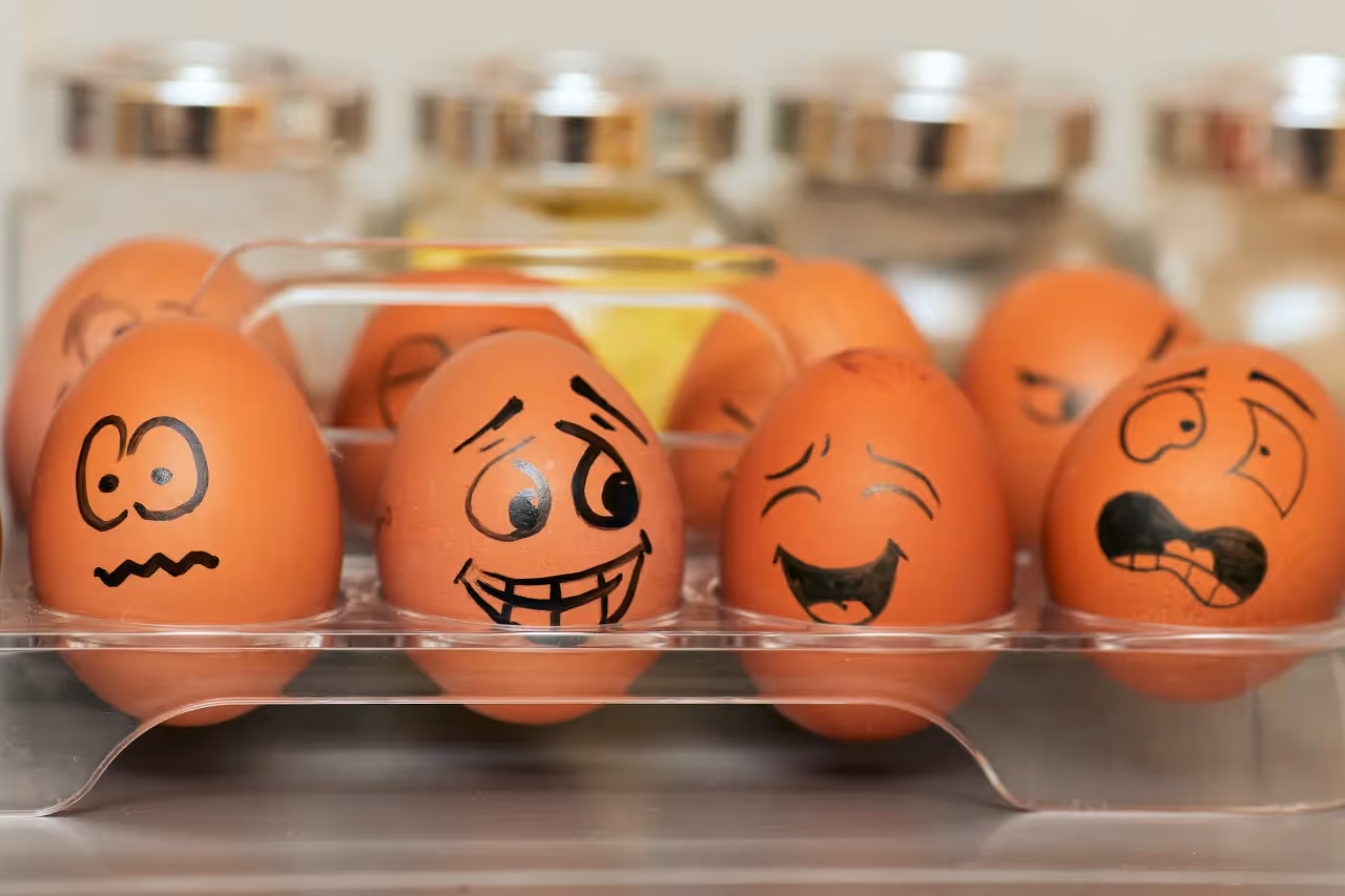 Eggs with different faces drawn on them.