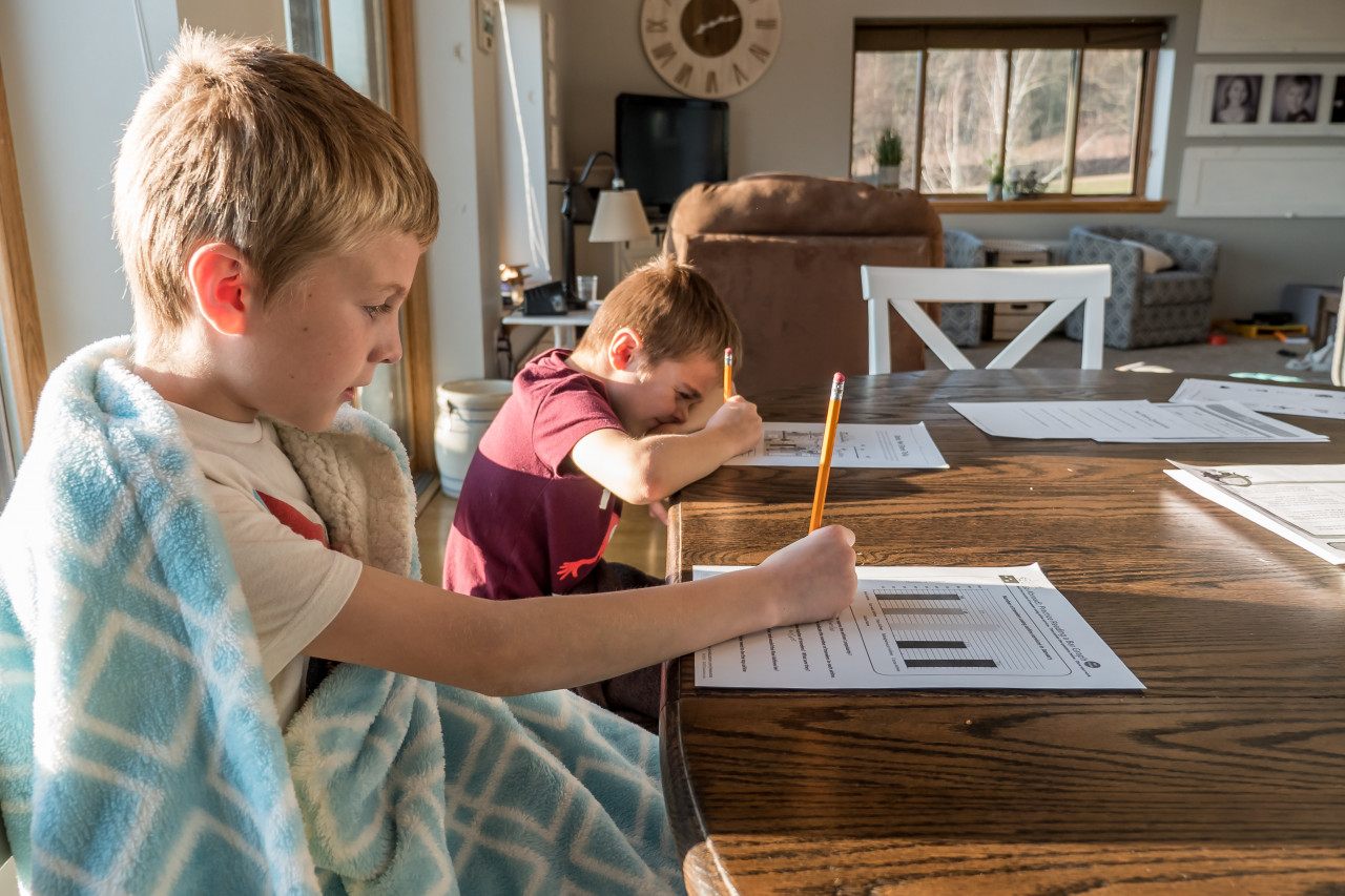 Siblings completing their assessments at home.