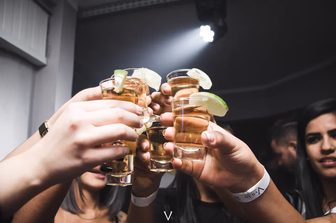 People holding cups of alcohol in the air.