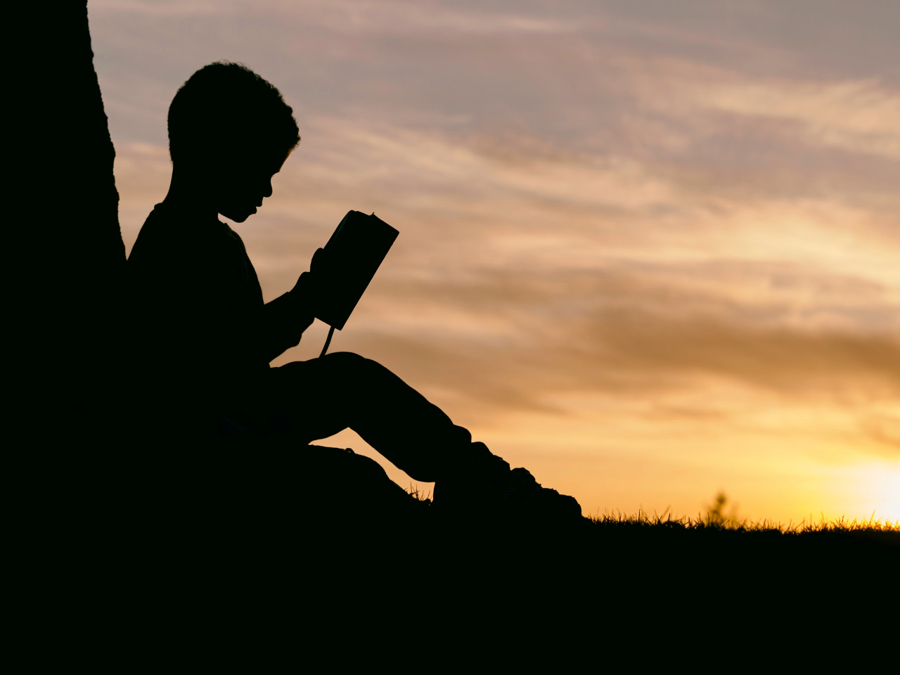 Child sitting outside against a tree reading a book.