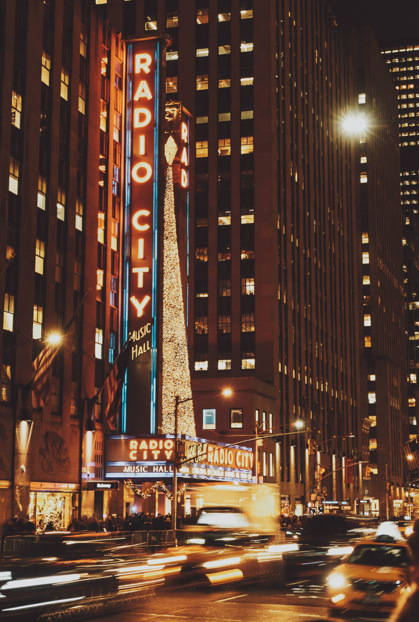 Neon signs to Radio Music hall and adjacent buildings.