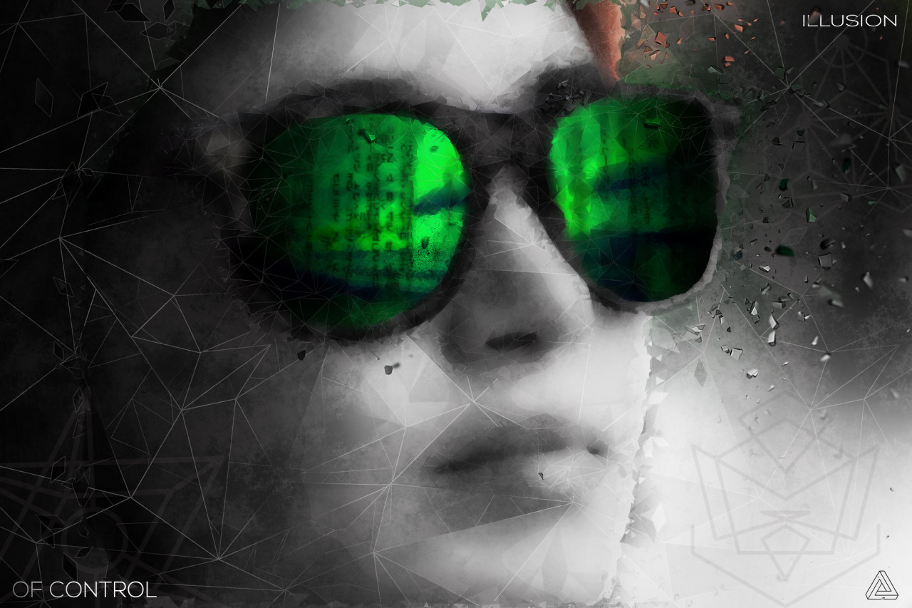 Black-and-white photo of a woman wearing glasses with green lenses.