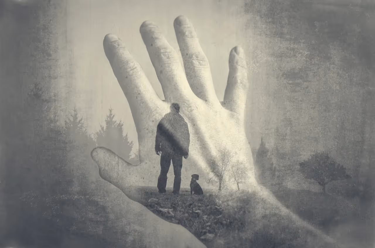 A hand held out against a forest with a man and a dog inside the hand.