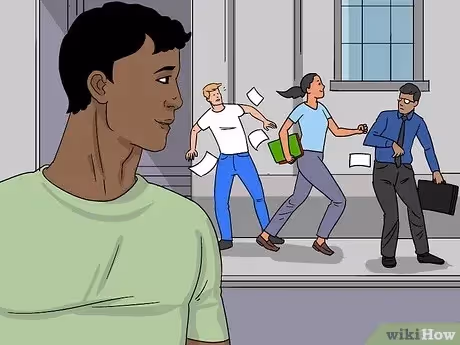 Cartoon image of people man looking at people on the sidewalk