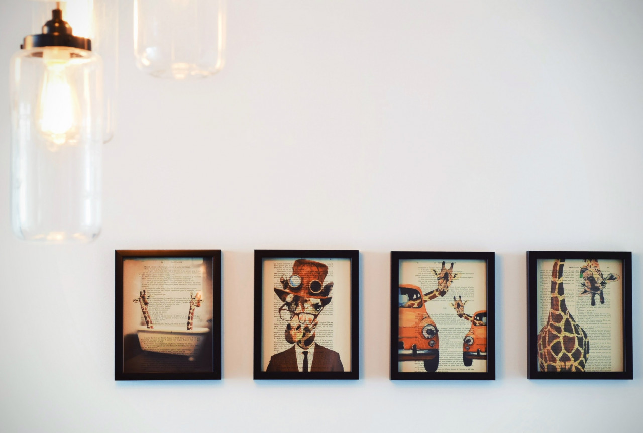 Paintings of the past on the wall.