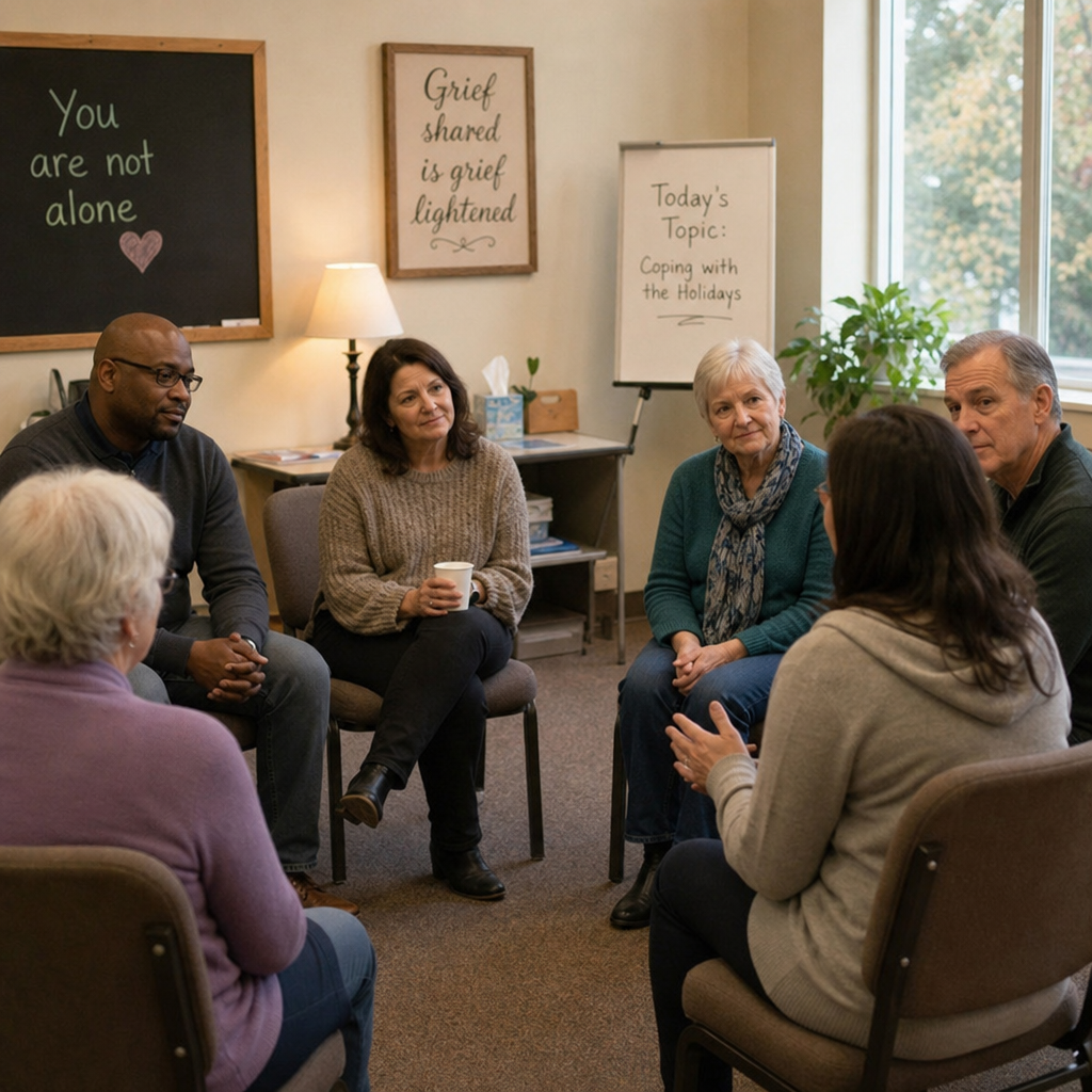 A small grief support group seated in a welcoming community room