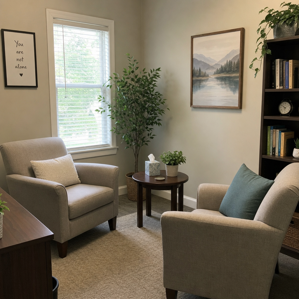 A calm counseling office with two chairs and soft natural light