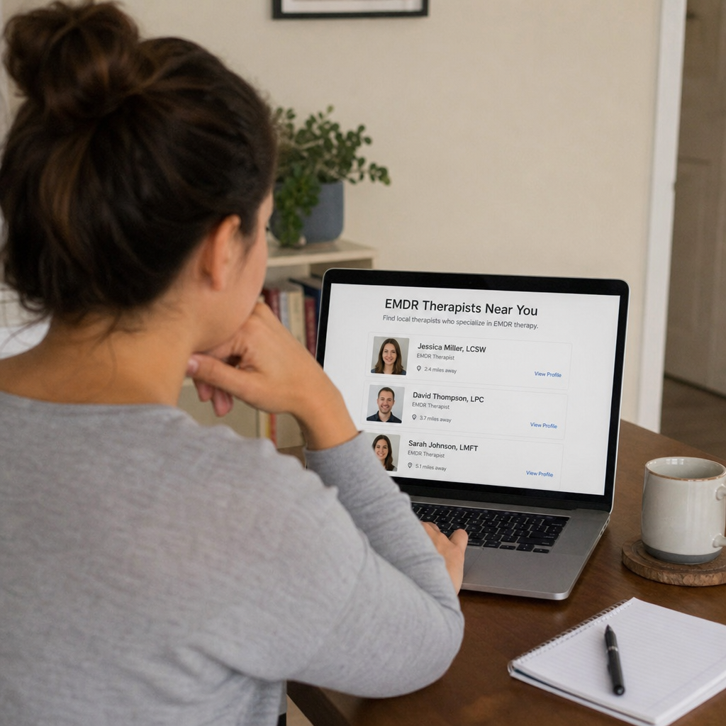 person reviewing local EMDR therapist options on a laptop