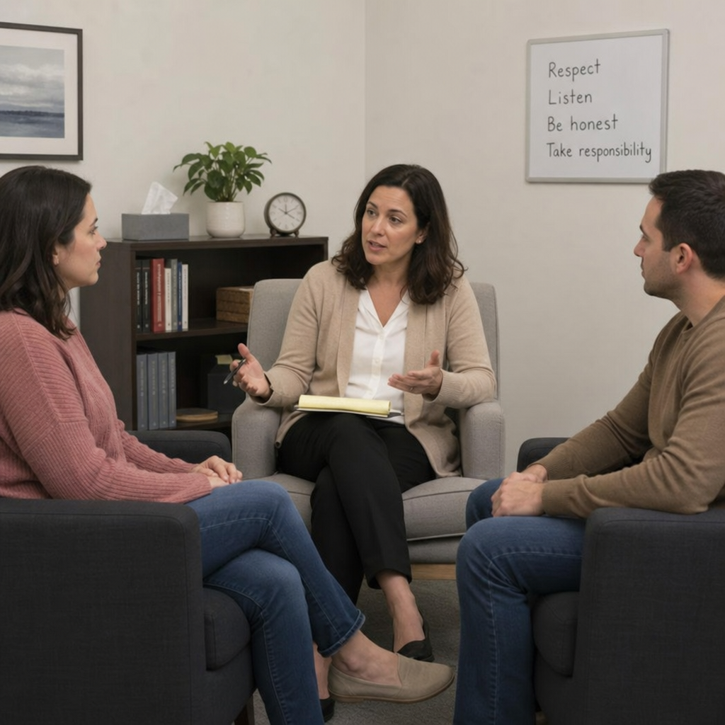 Therapist facilitating a conversation between two partners