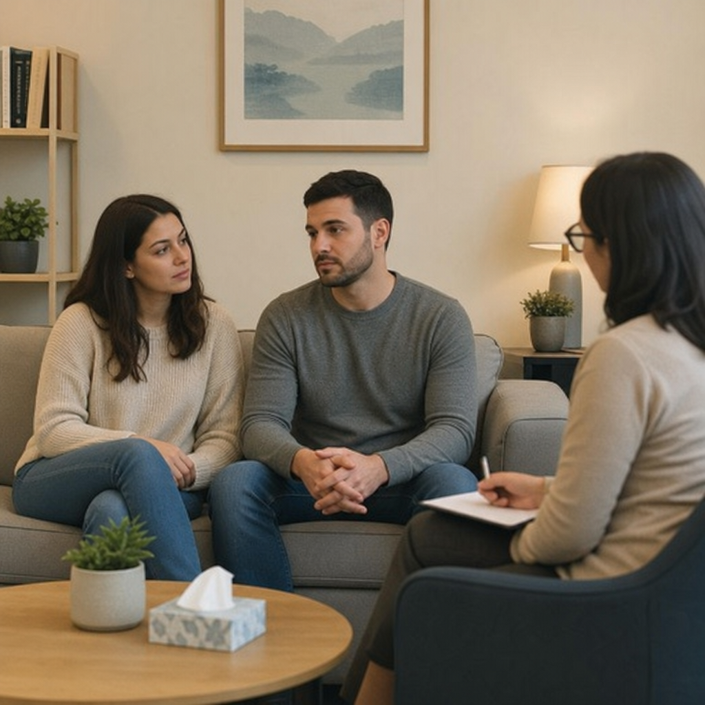 Couple sitting together in a calm therapy office