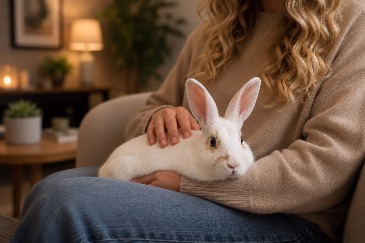 Daisy, the therapy rabbit, resting on a client's lap during an animal-assisted therapy session.