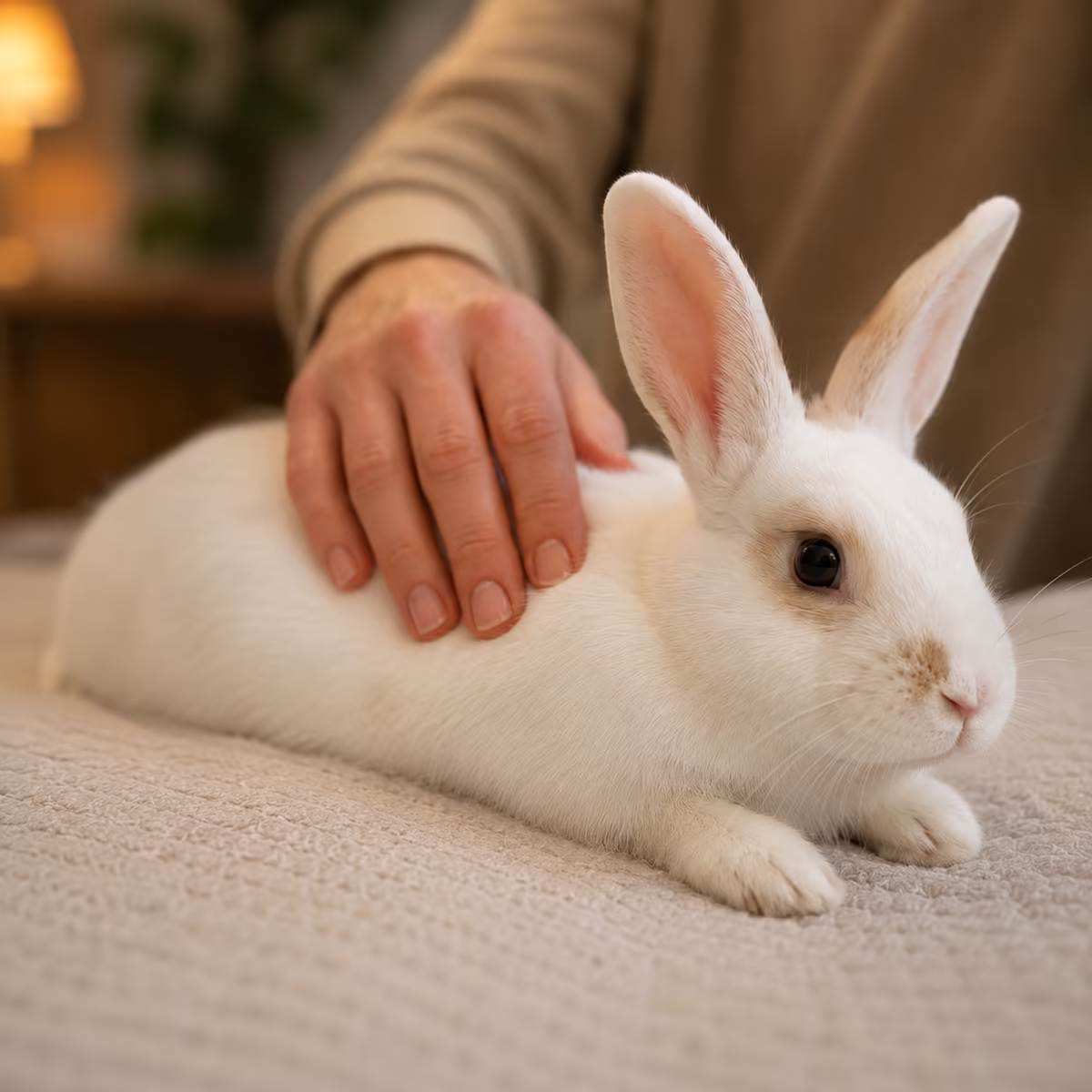 Daisy, a therapy rabbit, being gently petted during an animal-assisted therapy session.