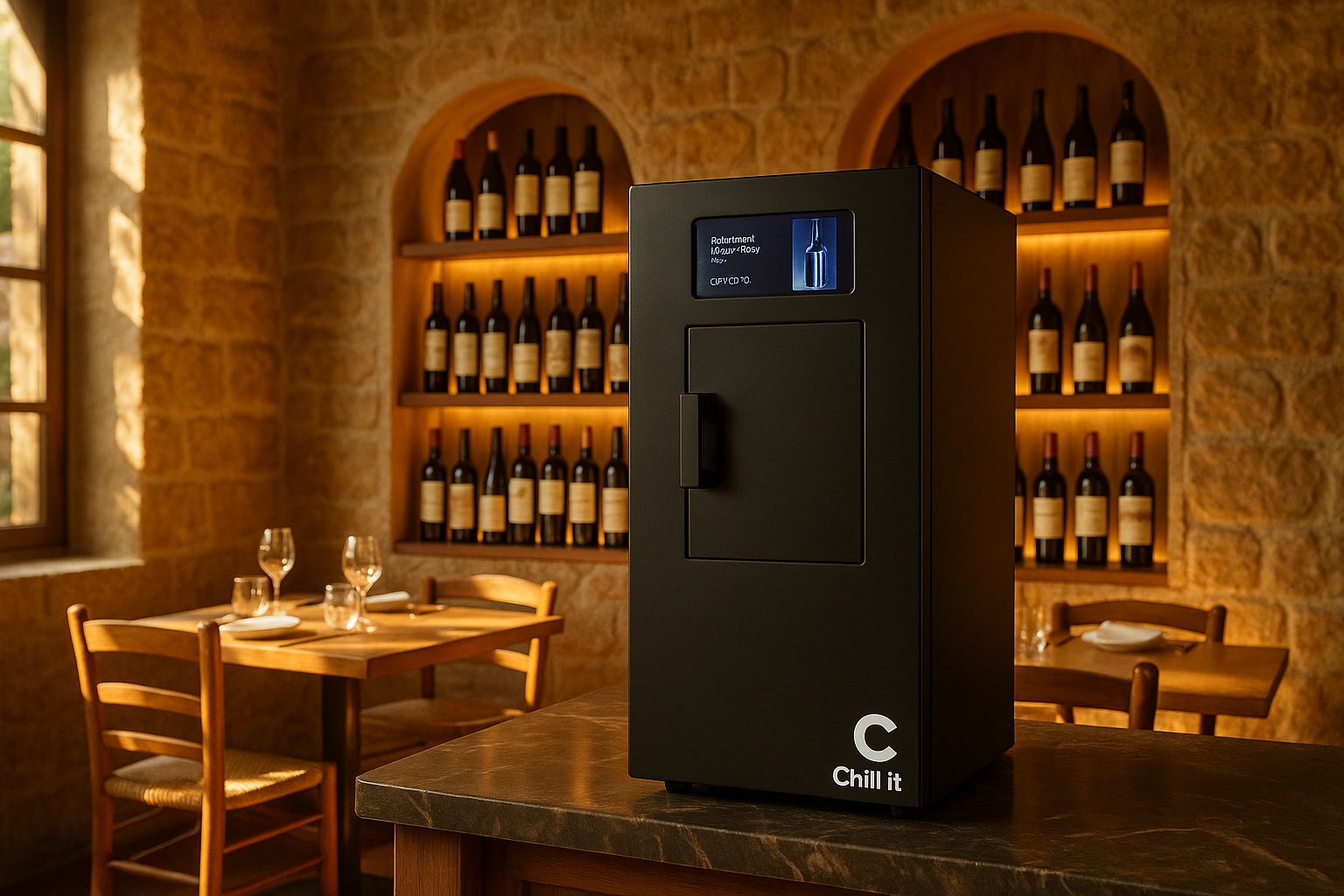 Máquina Chill It Wine instalada en un restaurante junto a la cava de vinos