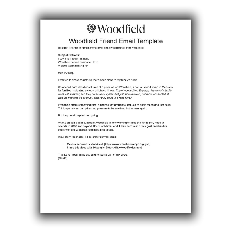 A fundraising email template for Woodfield friends