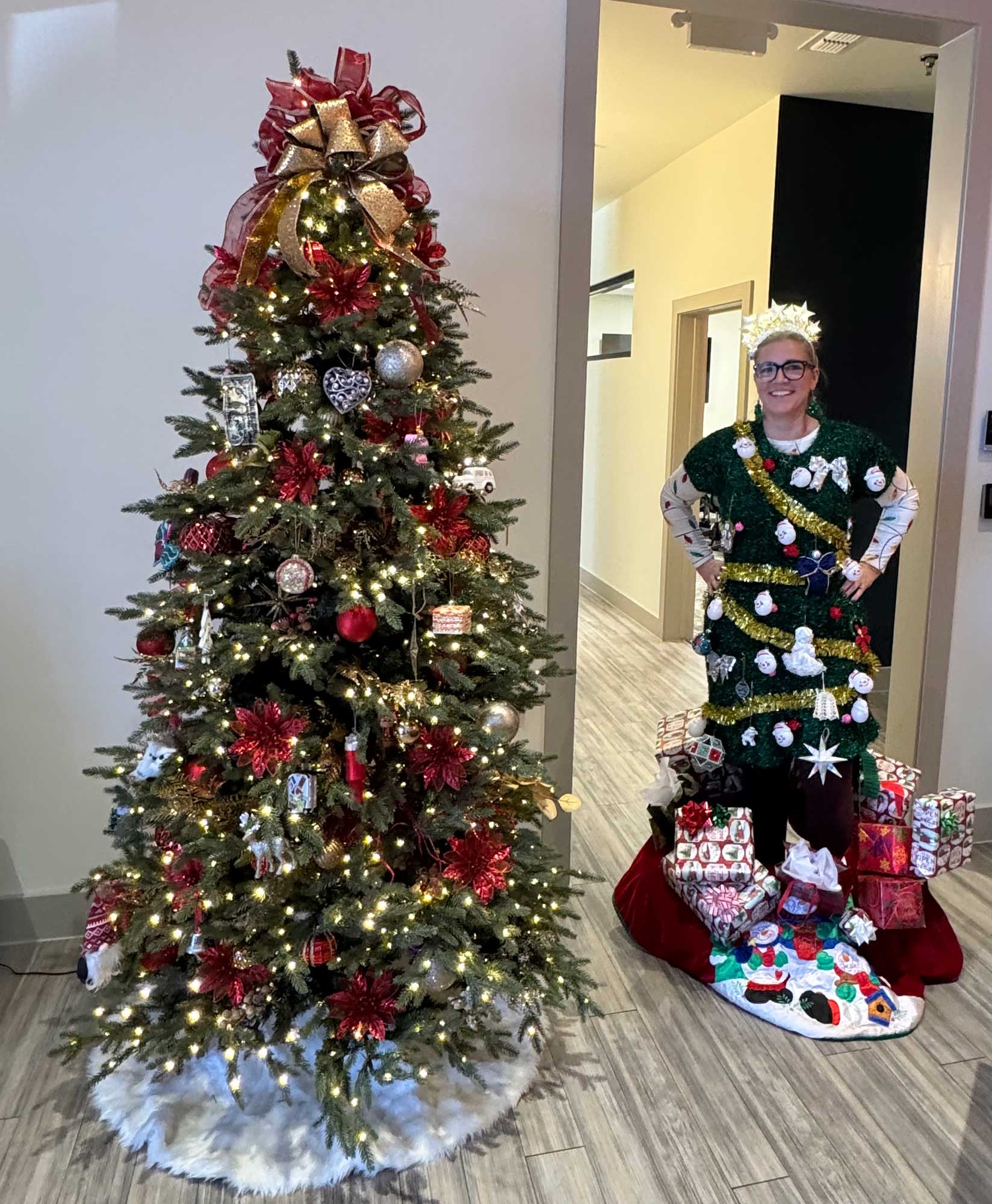 Amanda Gill, payroll manager, wins the THS Ugly Christmas Sweater contest.