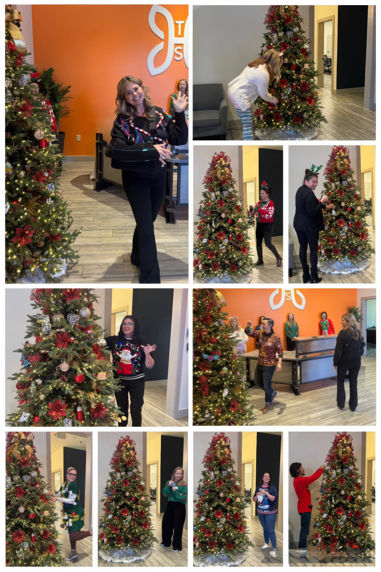 The THS team takes turns trimming the company Christmas tree.