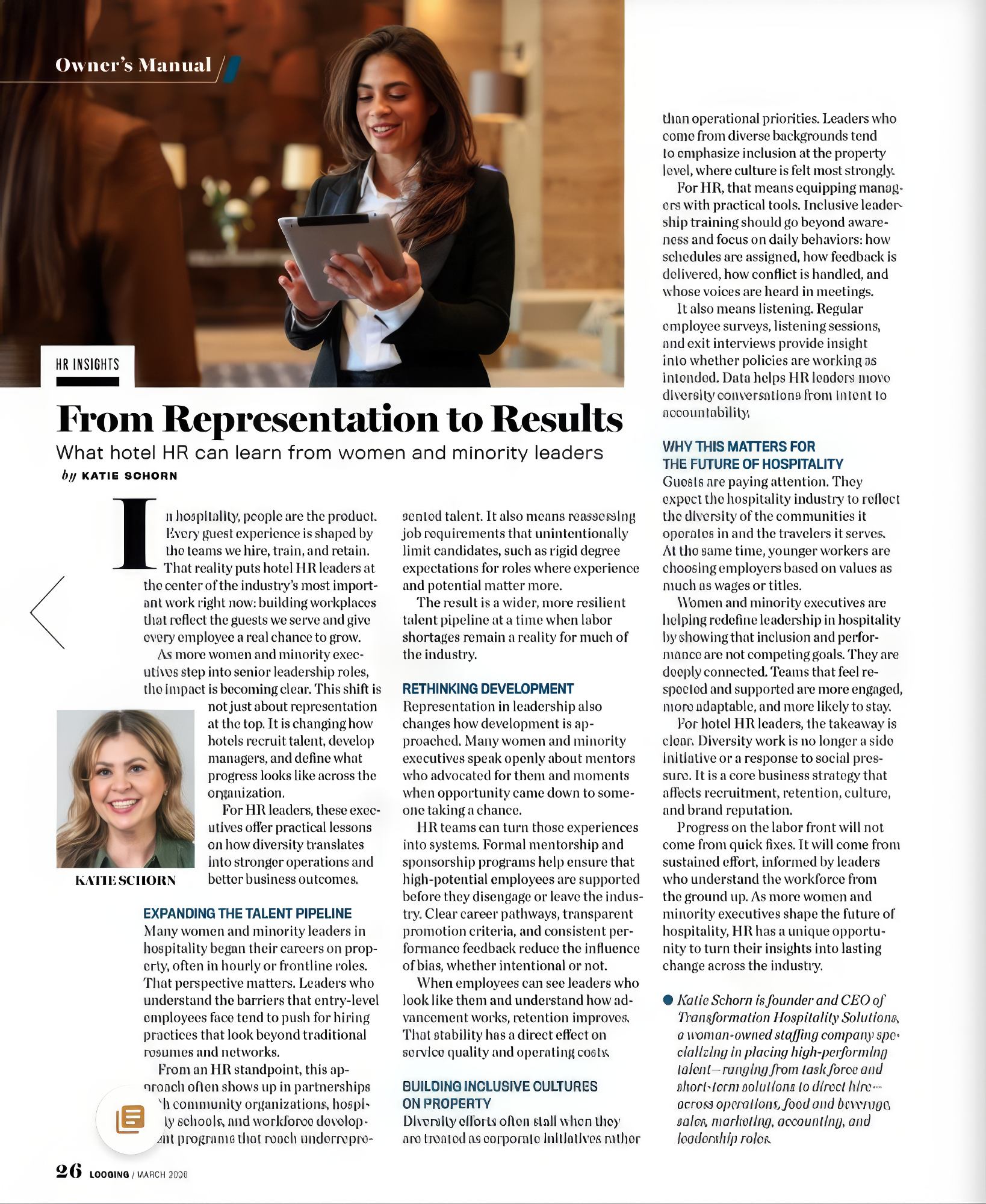 Katie featured in March issue of Lodging Magazine