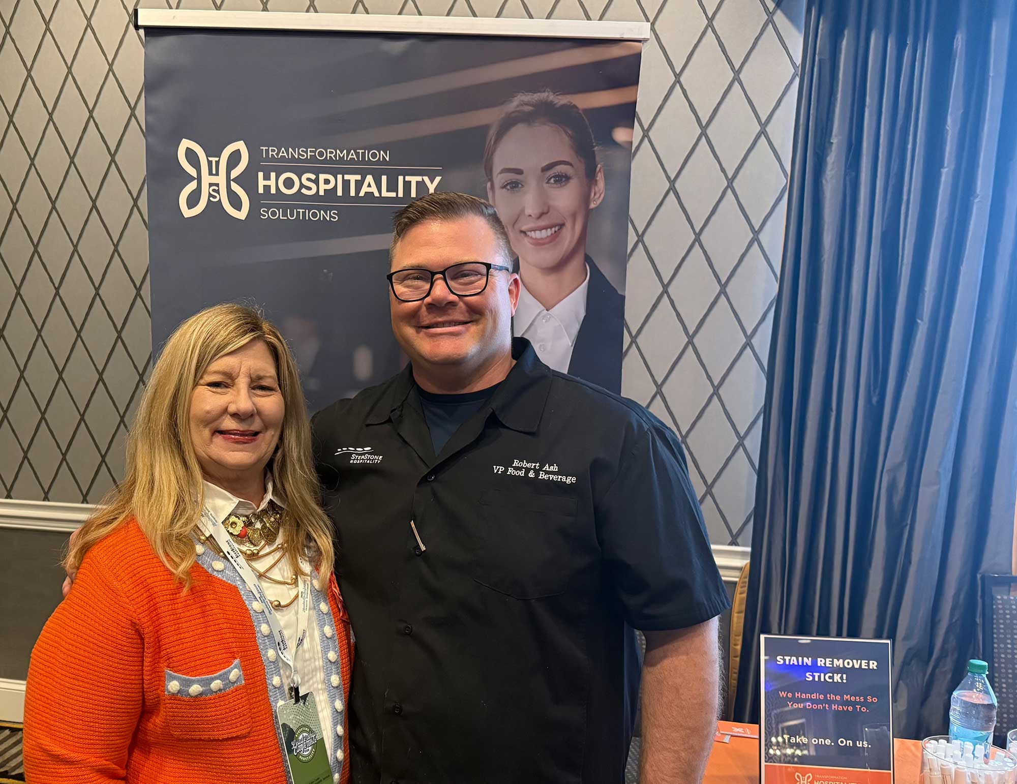 Dana Foley-Taylor, THS vice present of business development, meets with Robert Ash, StepStone Hospitality vice president of food and beverage, during the StepStone Hospitality Leadership Conference last month at the Sheraton Boston Needham Hotel.
