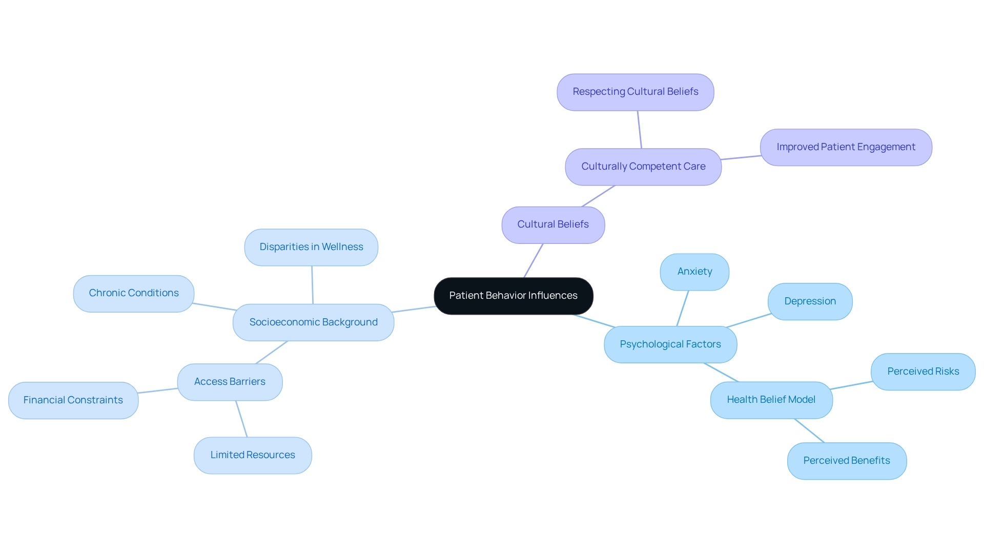 The central node represents the main topic, while branches show key influences, helping you understand how different factors affect patient behavior. Each color-coded section focuses on a specific area, making it easy to follow the connections.