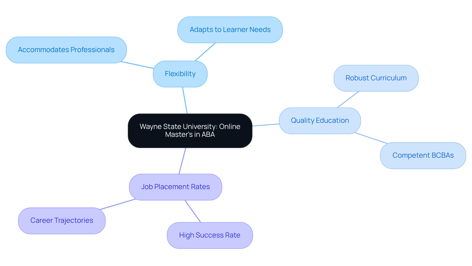 The center shows the program name, and the branches illustrate how flexibility, quality education, and job placement connect, helping you see the program's strengths at a glance.