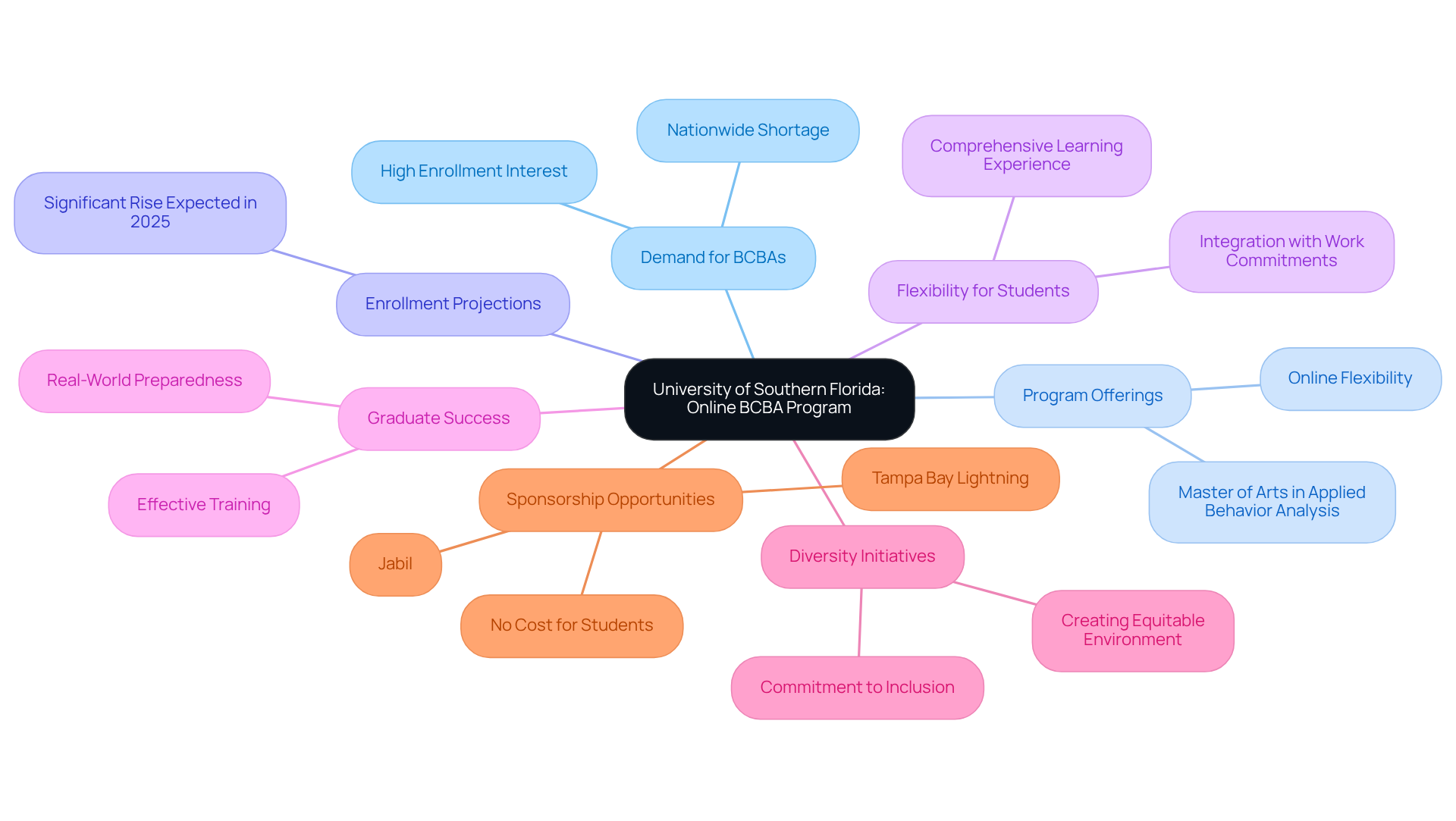 The center of the mindmap shows the main topic — the BCBA program. Each branch represents a different aspect of the program, helping you understand how they connect and support the overall goal of preparing future behavior analysts.