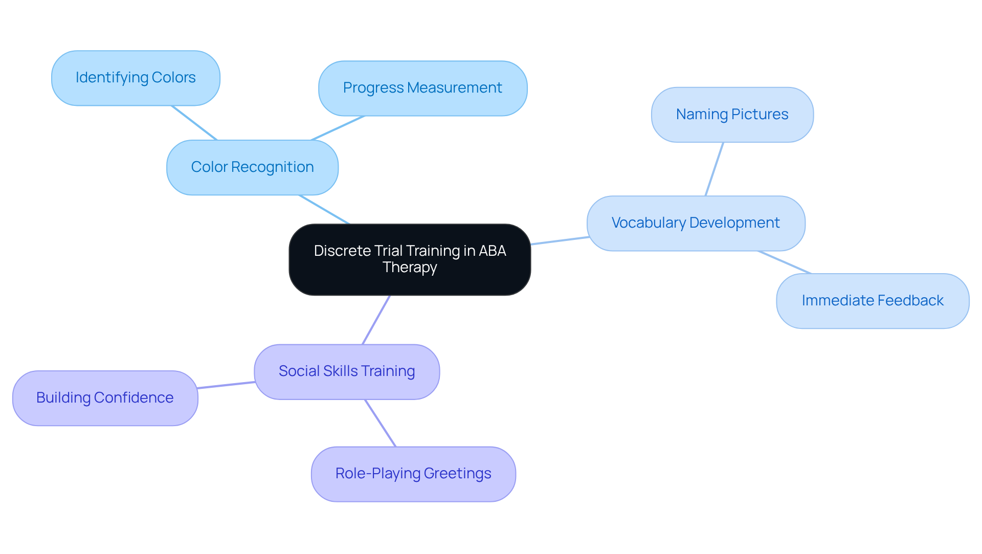 The center shows the main teaching method (DTT), while the branches illustrate specific skills being taught. Each branch represents a unique area where DTT is applied, making it easy to see how it supports learning in different contexts.