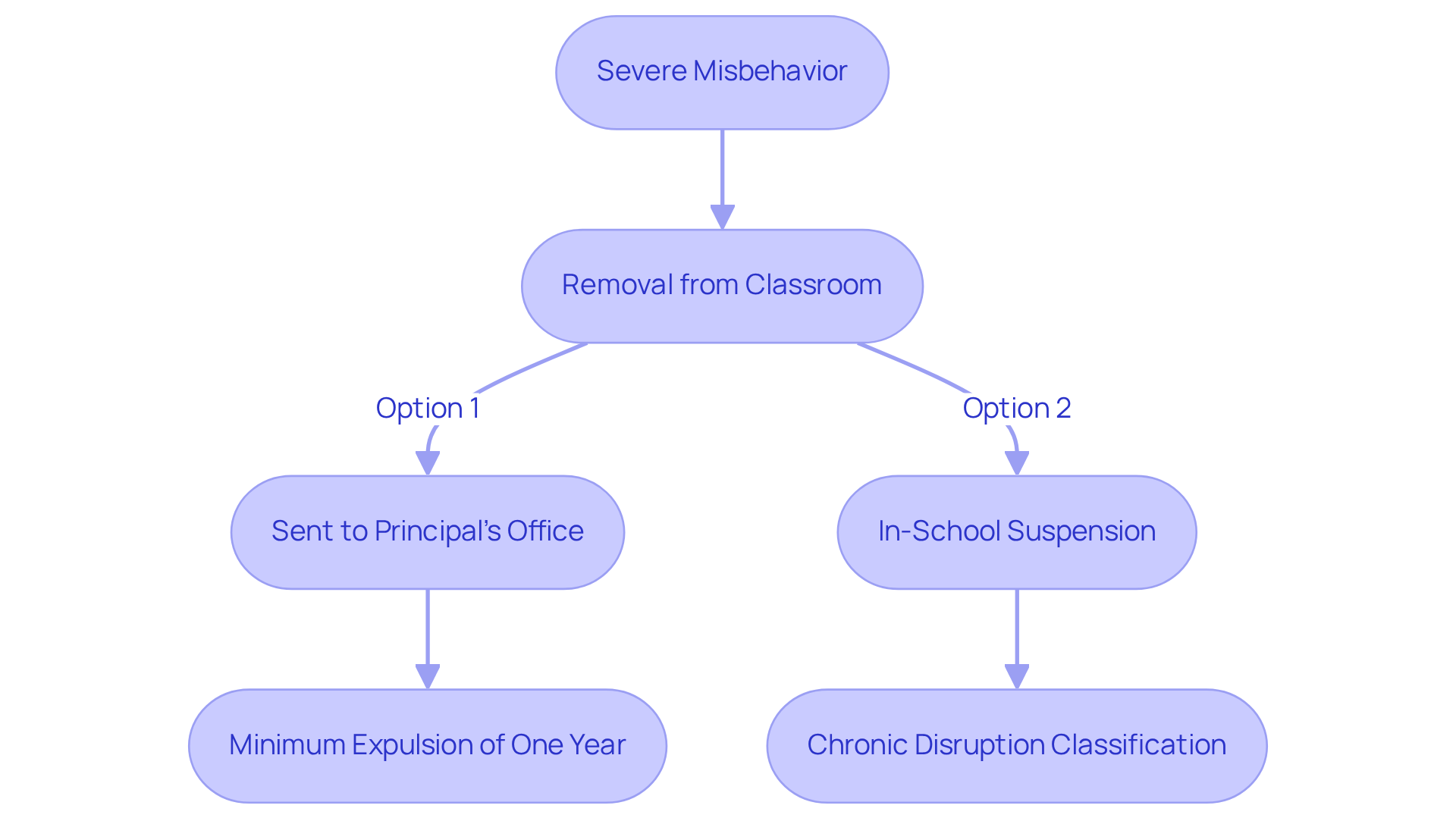 This flowchart shows the steps taken when a student misbehaves severely, starting from the behavior to the possible outcomes. Each box represents a stage in the process, and the arrows show how one step leads to another.