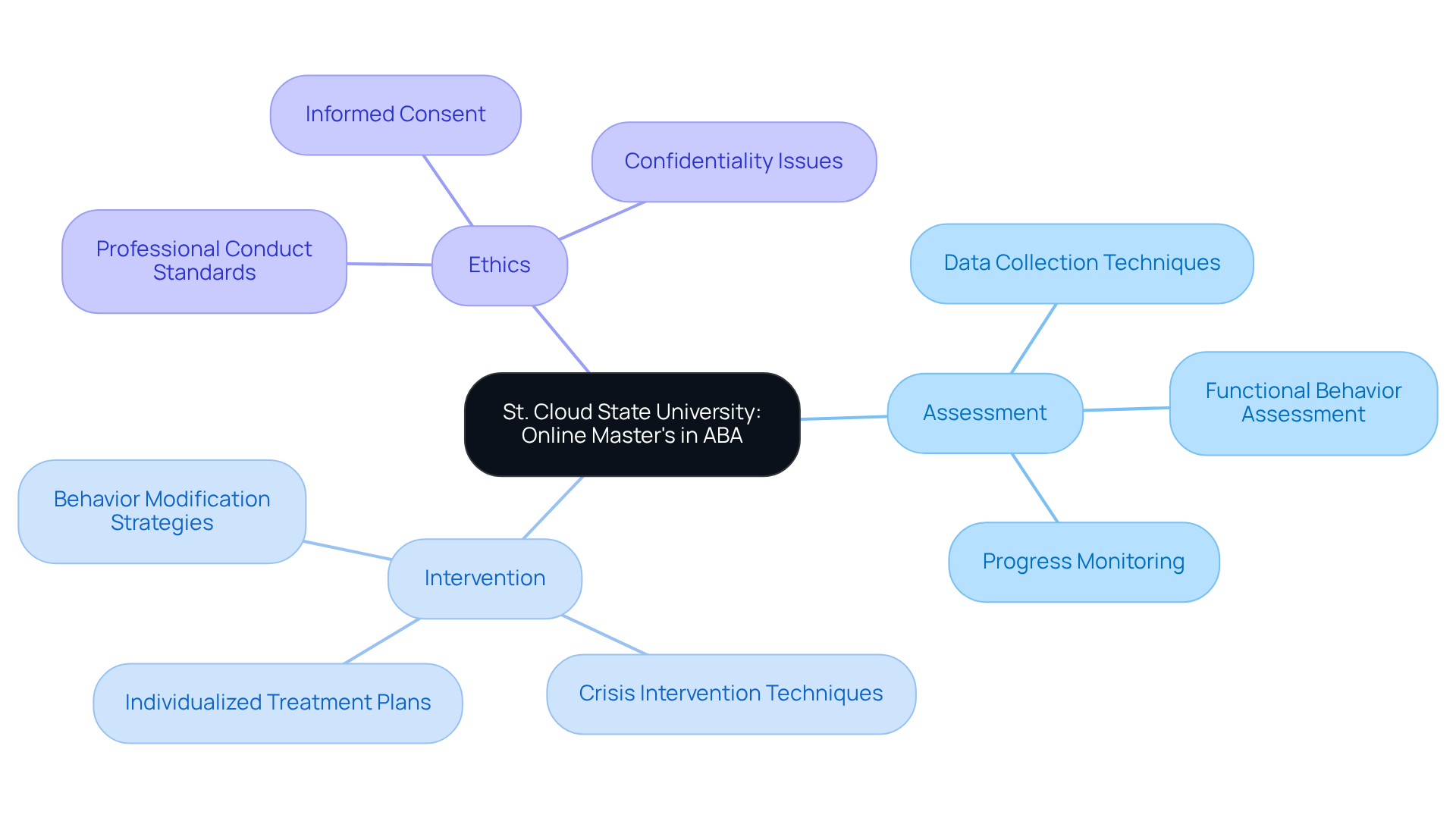 At the center, you'll find the main program overview. Each branch represents an essential topic covered in the curriculum, leading to specific skills and knowledge that students gain, which helps shape them into adaptable practitioners.