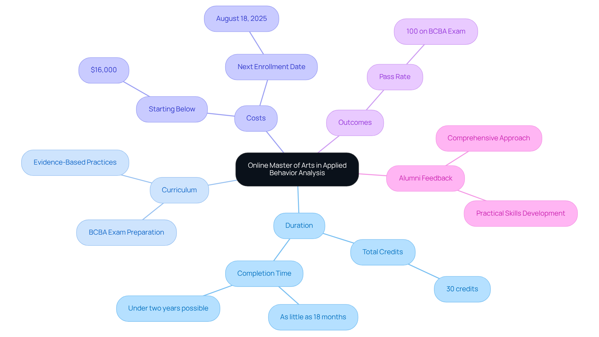 The central node represents the program, with branches showing important details like duration, cost, and outcomes. Each branch breaks down into specific points, helping you understand the program's structure and benefits at a glance.