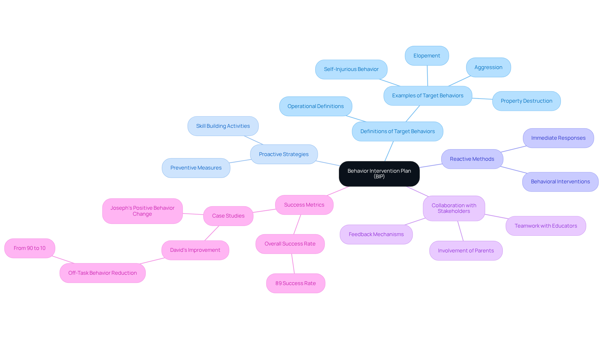 The center shows the BIP framework, while branches detail specific strategies and examples of success. Each color represents a different aspect of the intervention plan, making it easy to follow and understand.