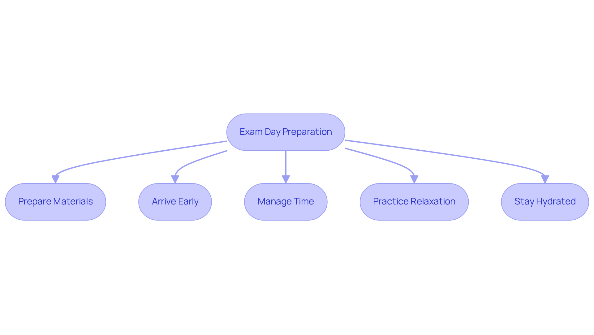 Follow the arrows through each box to see what you need to do on exam day. Each box represents a key action to help you perform your best — from preparation to relaxation techniques.