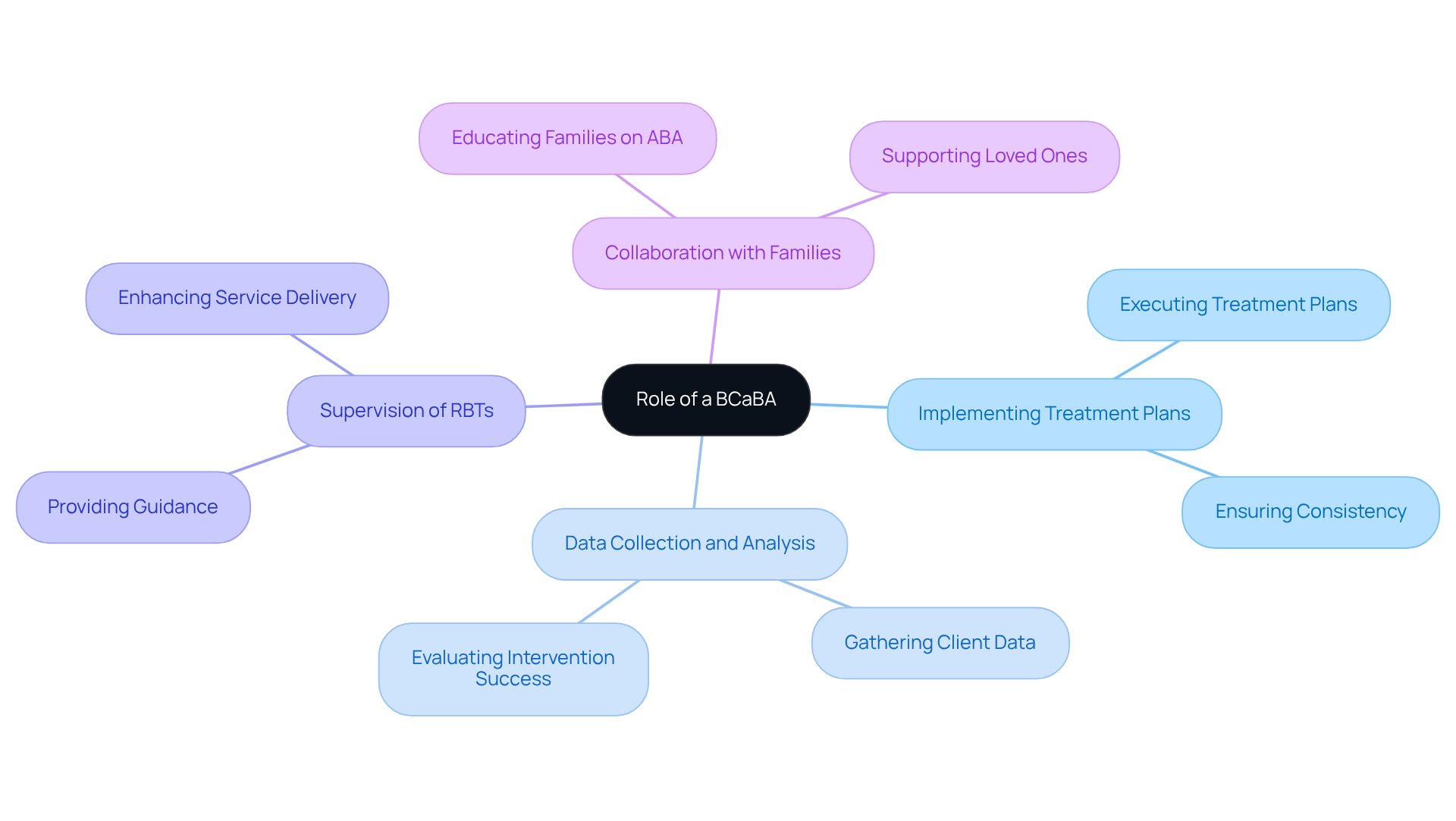 The center node represents the main role of a BCaBA, while the branches indicate key responsibilities. Each branch can be explored to learn about the specific tasks associated with that responsibility.