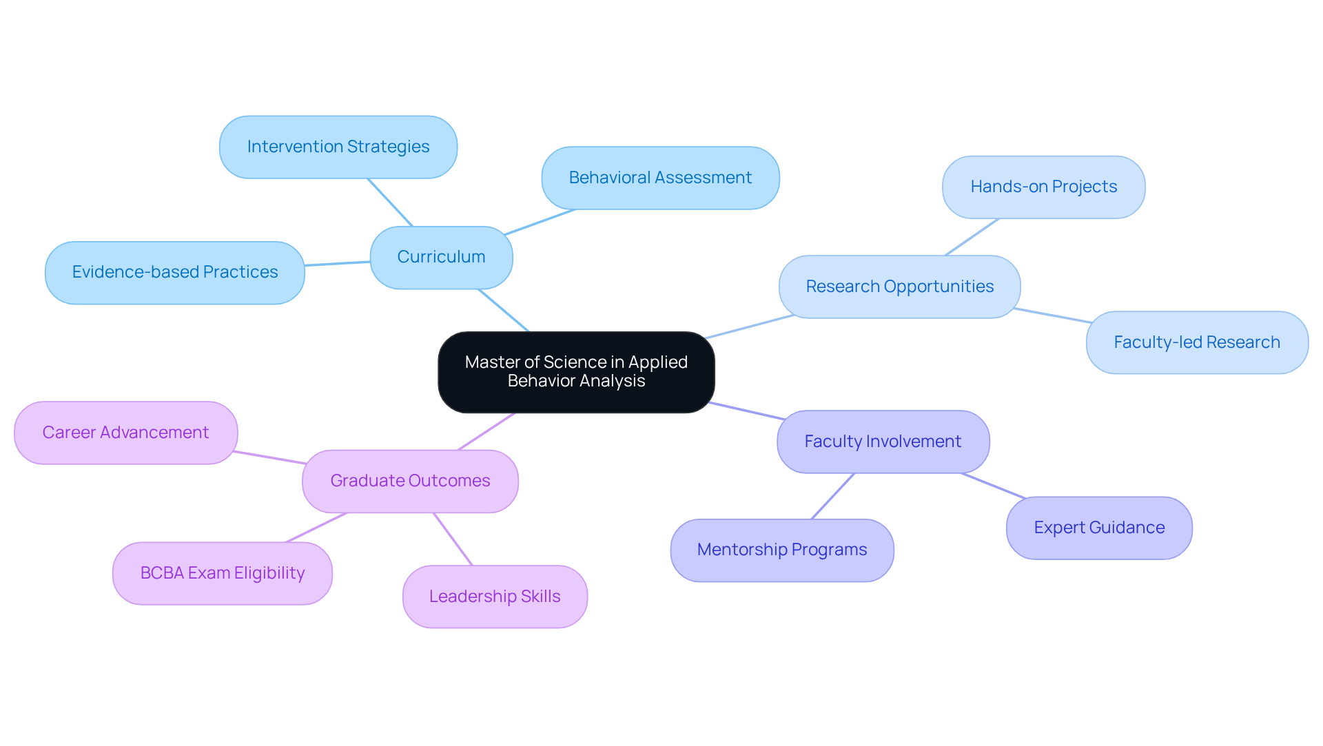 The center represents the Master's program, with branches illustrating key components and how they interrelate, helping you understand the program's structure at a glance.