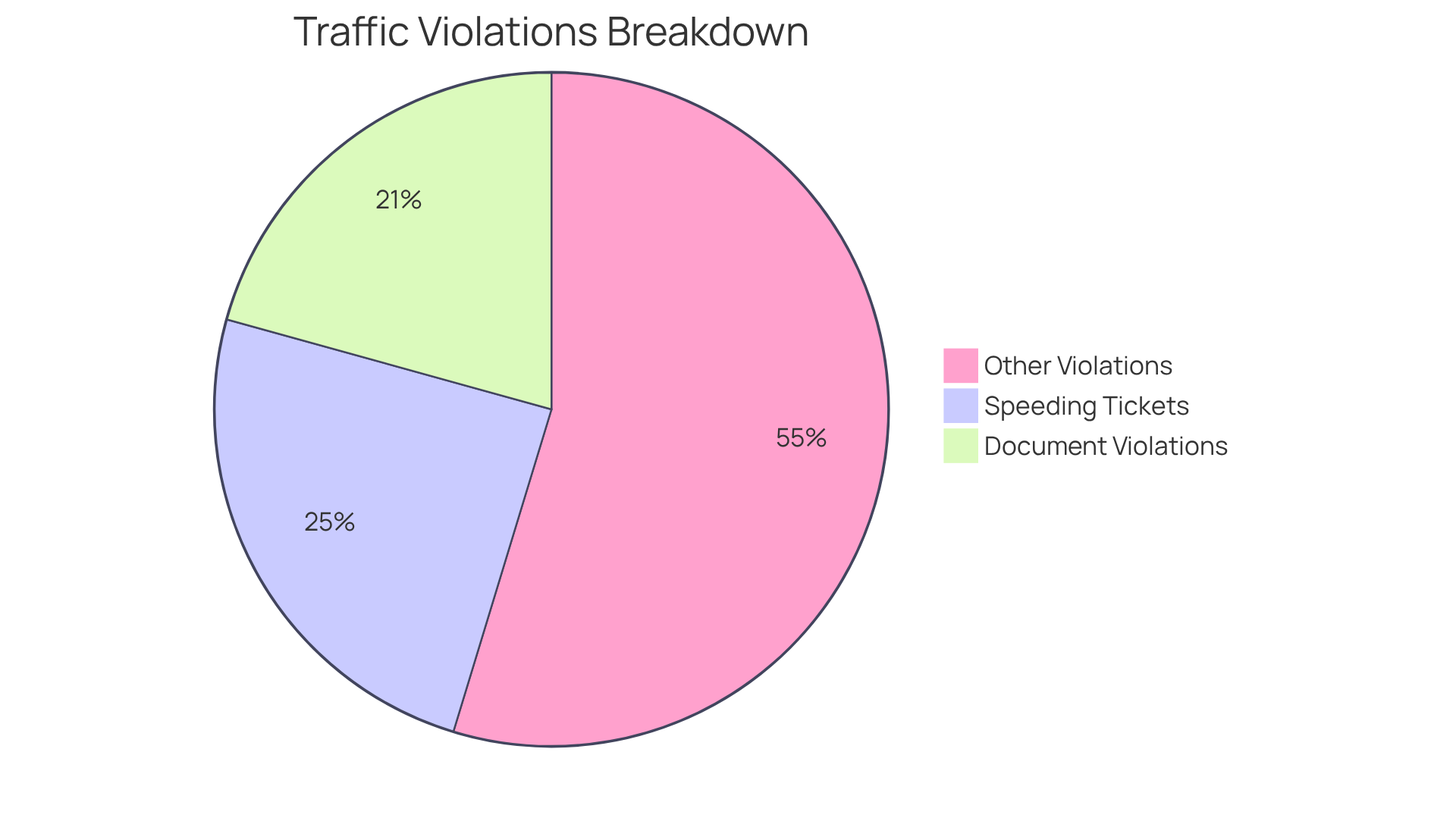 Each slice shows the proportion of different types of traffic violations. The bigger the slice, the more common that violation is. Speeding tickets are the largest slice, indicating they're the most frequent type of citation.