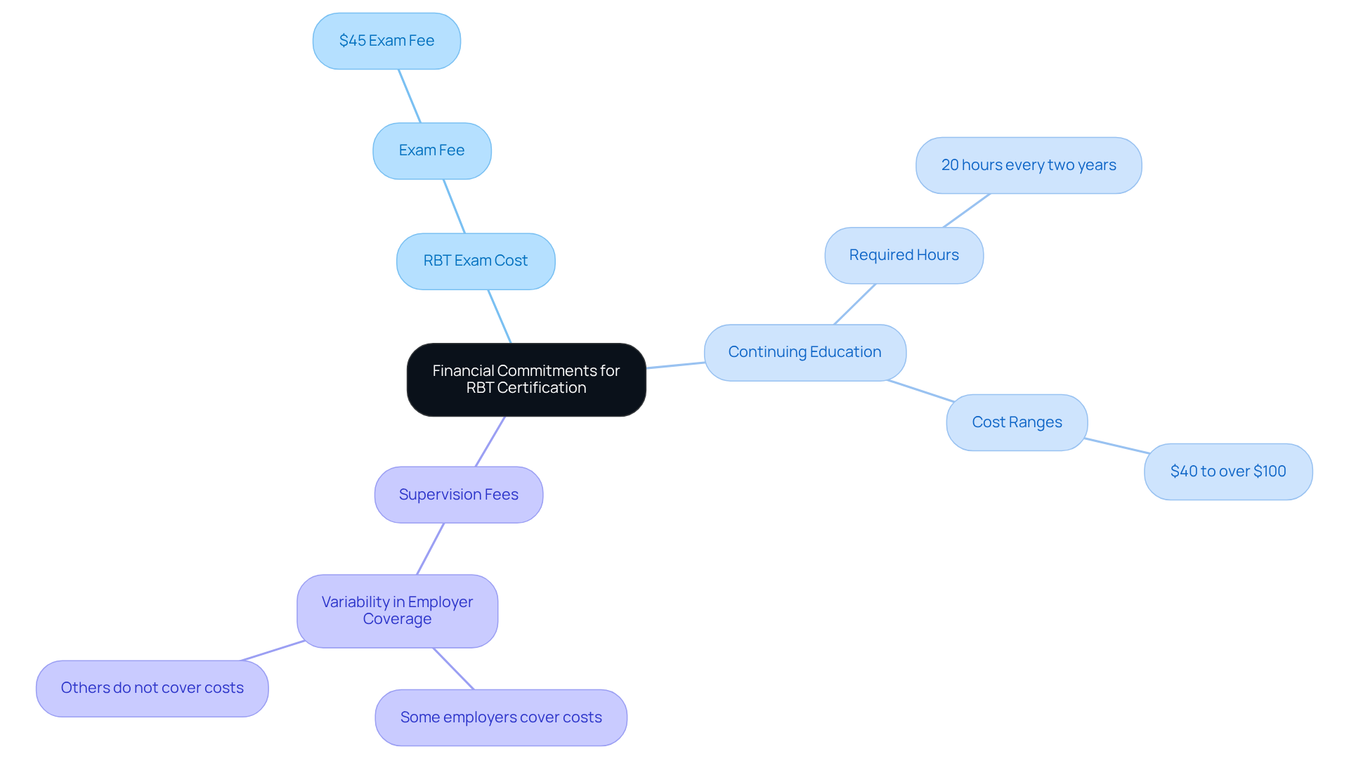 The center shows the main focus on financial commitments. Each branch explores different areas of expense, with sub-branches providing detailed information about costs and requirements.